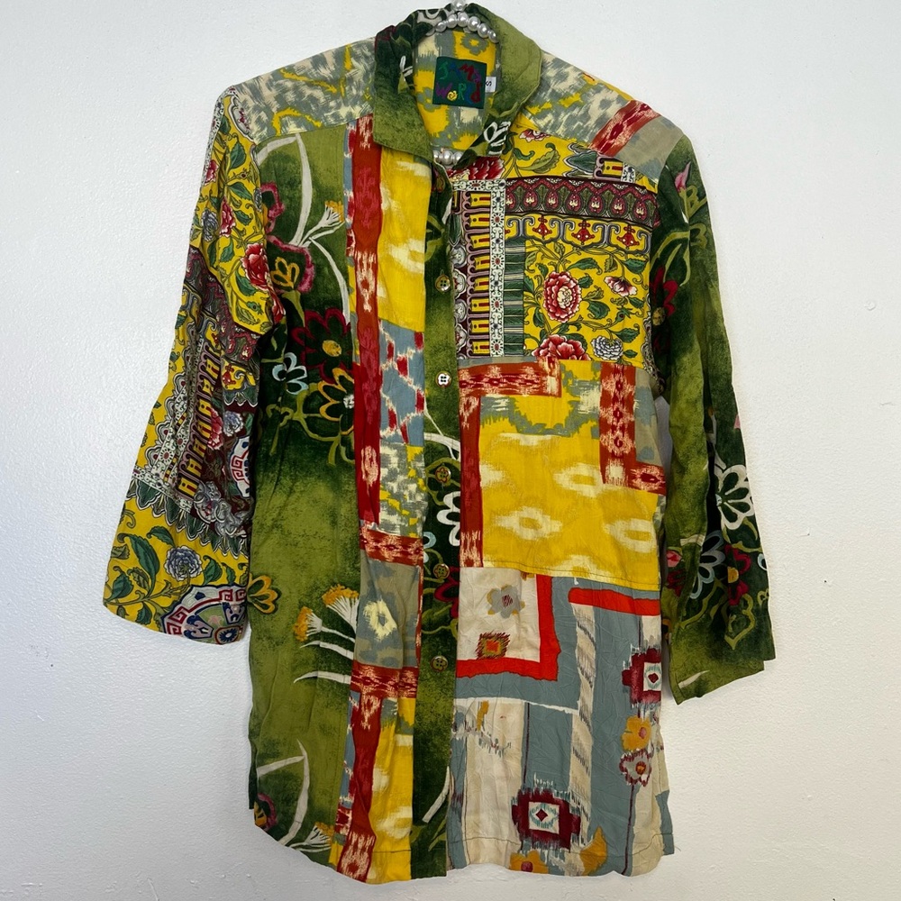 Vintage Jams World Casual Button Front Shirt Womens Small Green Floral Patchwork
